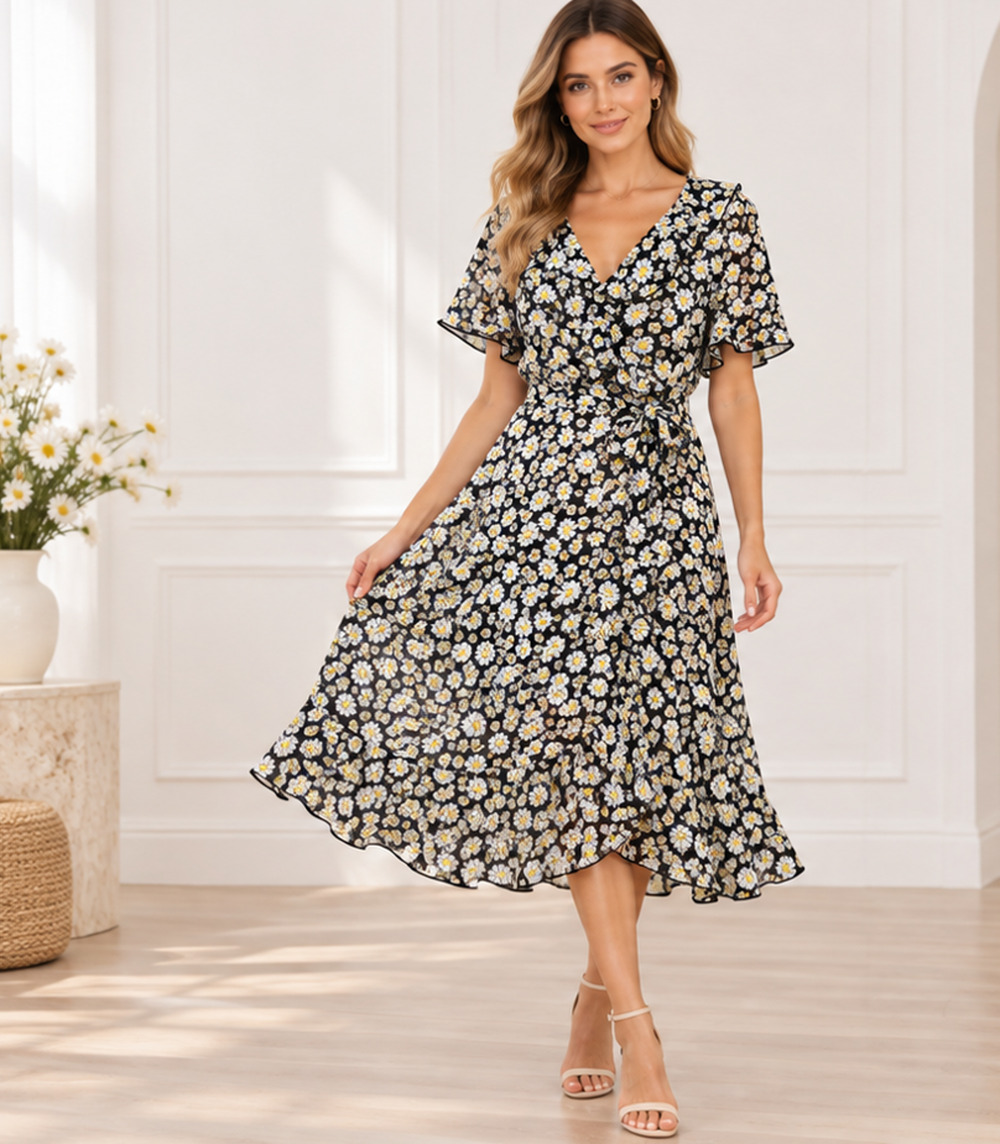 MSK Floral Daisy Ruffle Midi Dress Sz XL Tie Cottagecore Romantic Garden Party
